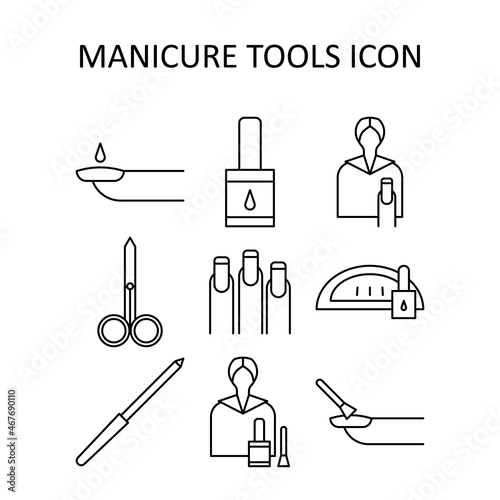Vector illustration with manicure icons - nail polish; scissors; file; manicurist; lamp.  Outline drawing.