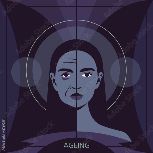 Woman's face before and after rejuvenation and plastic surgery. Anti-aging and beauty treatment. Portrait of beautiful elderly woman. Process of ageing. Comparison. Dermatology. Vector flat illustrati