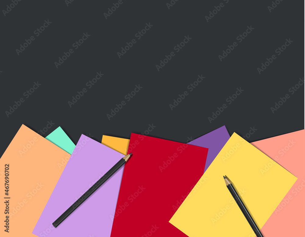 Papers and pencils background. Top view of desk.