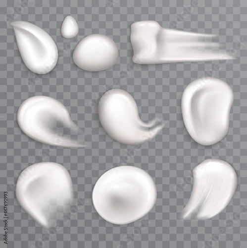 Cream drops set, white liquid splash vector illustration. 3d realistic beauty cosmetic lotion for face body skincare, skin gel or makeup fluid, creamy yogurt product droplets on transparent background