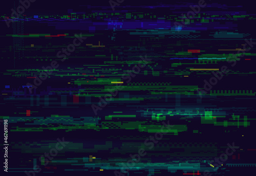 Glitch pattern digital cyberpunk technology vector illustration. Experimental optical texture design, geometric colorful decorative elements in abstract nostalgic fashion composition background