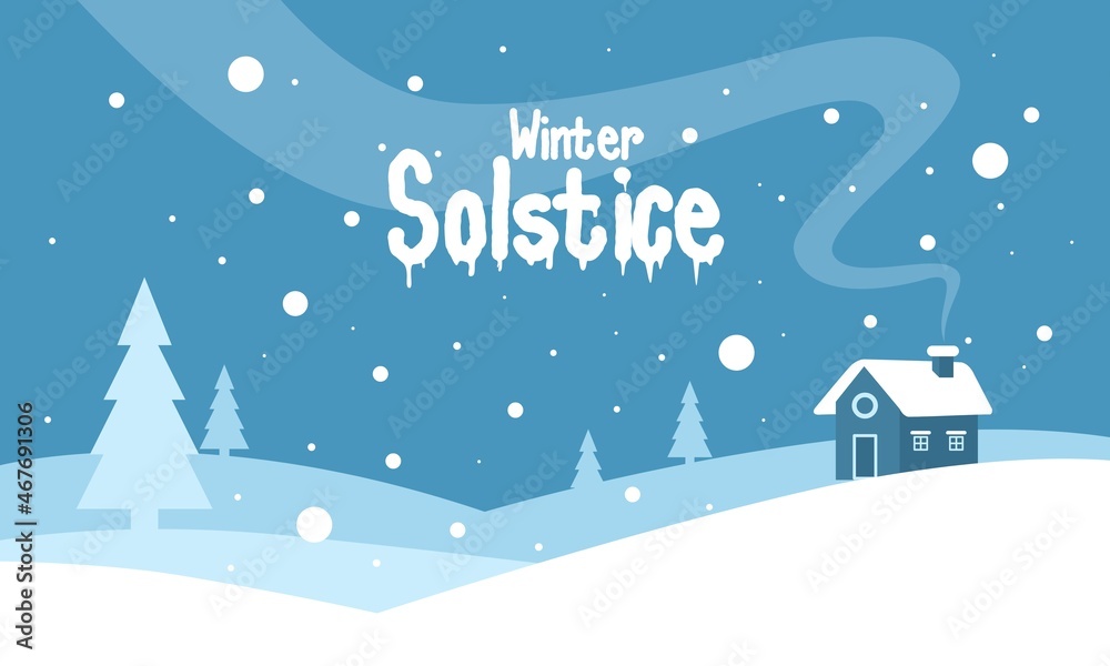 Vector illustration, snowy landscape with winter solstice lettering, elements for invitations, templates, posters, greeting card.