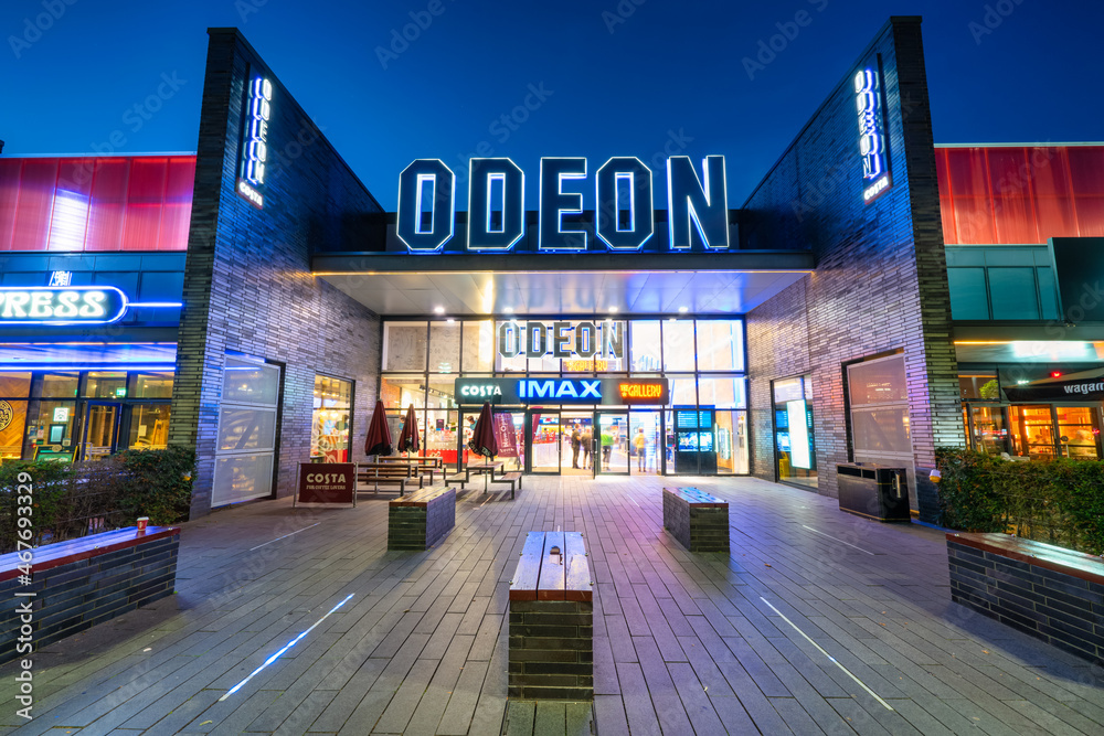 Milton Keynes,EnglandSeptember 2021 Odeon cinema logo near MK Stadium