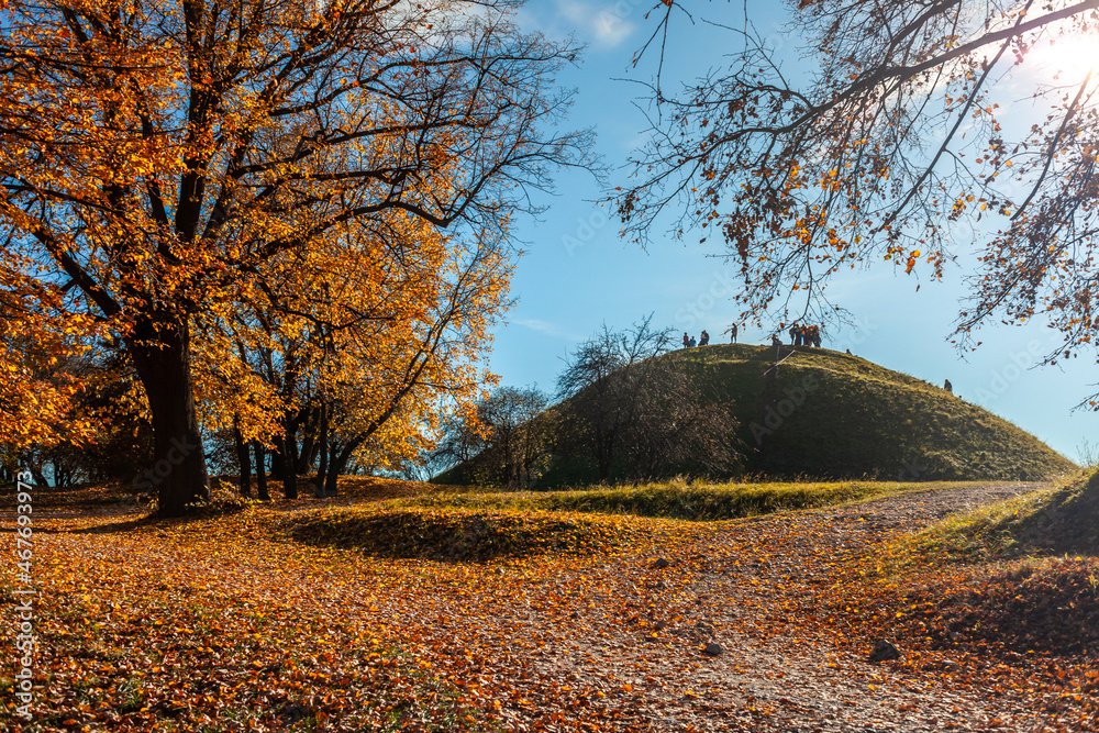 Scenic pathway to Krakus Mound in autumn colors