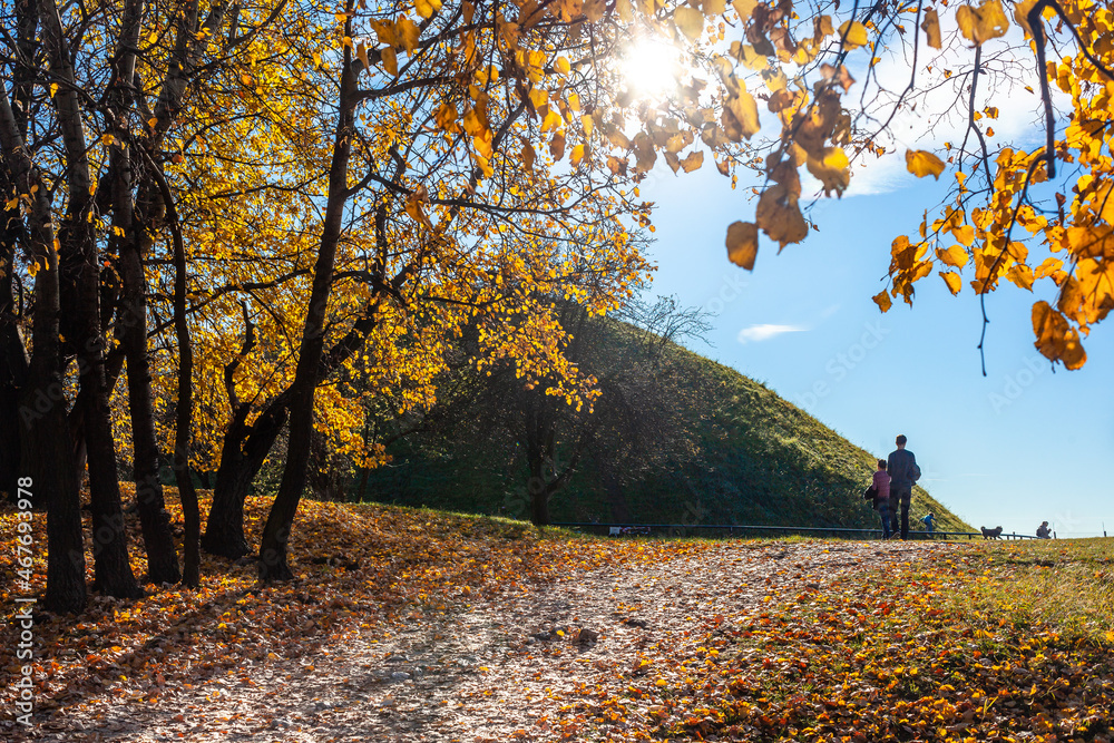 Scenic pathway to Krakus Mound in autumn colors