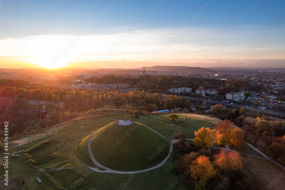 Krakus Mound also called the Krak Mound in fall colors at sunset