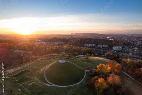 Obraz na płótnie Krakus Mound also called the Krak Mound in fall colors at sunset w salonie
