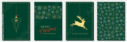 Holidays cards with Christmas motif, snowflakes, gold ornament snow frames and  green background. Winter vector set templates