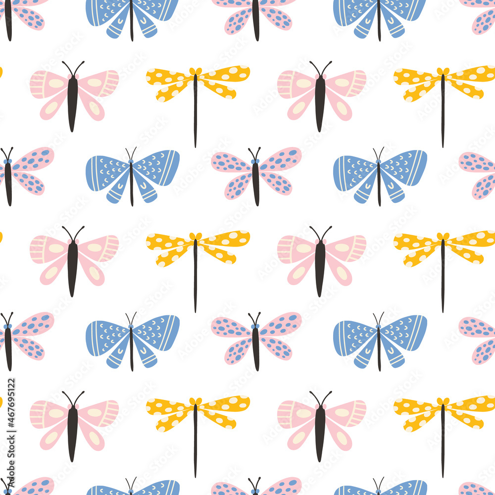 Butterfly and dragonfly seamless pattern. Cute doodle hand drawn insects in trendy pastel colors. Sweet funny scandinavian butterflies for kids textile. Delicate and trendy design.