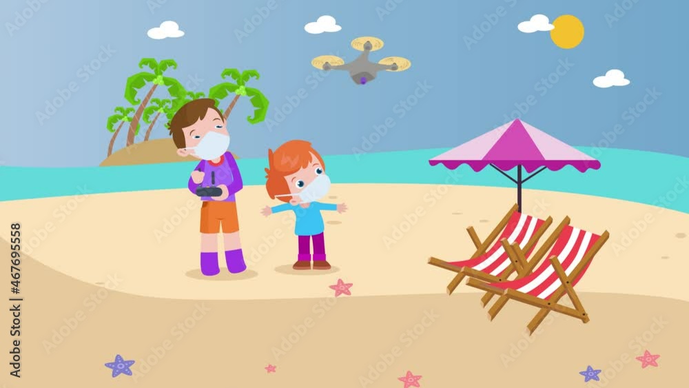 Two happy kids flying a drone at the beach Two happy kids flying a drone at the beach