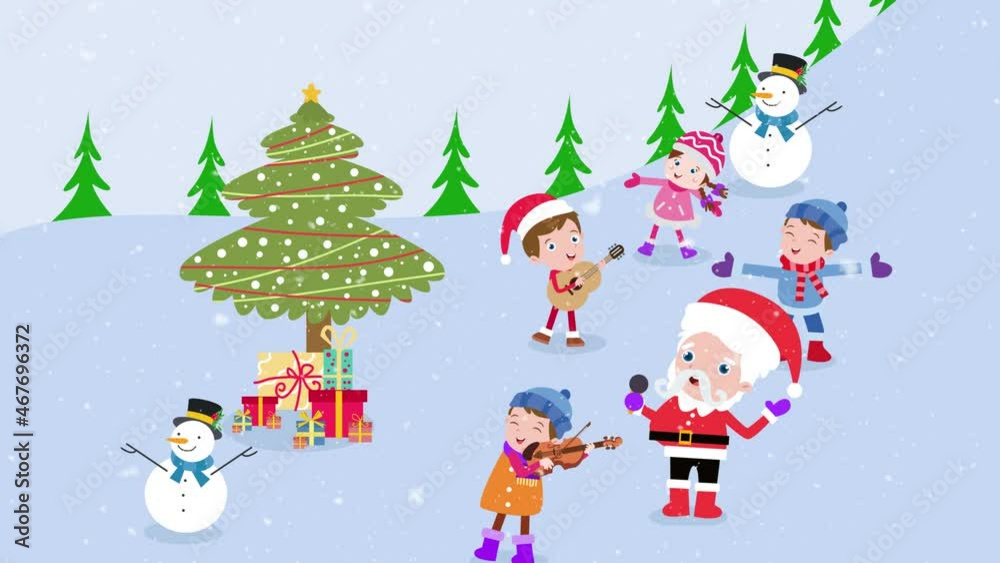 Group of kids sing christmas carol with santa claus