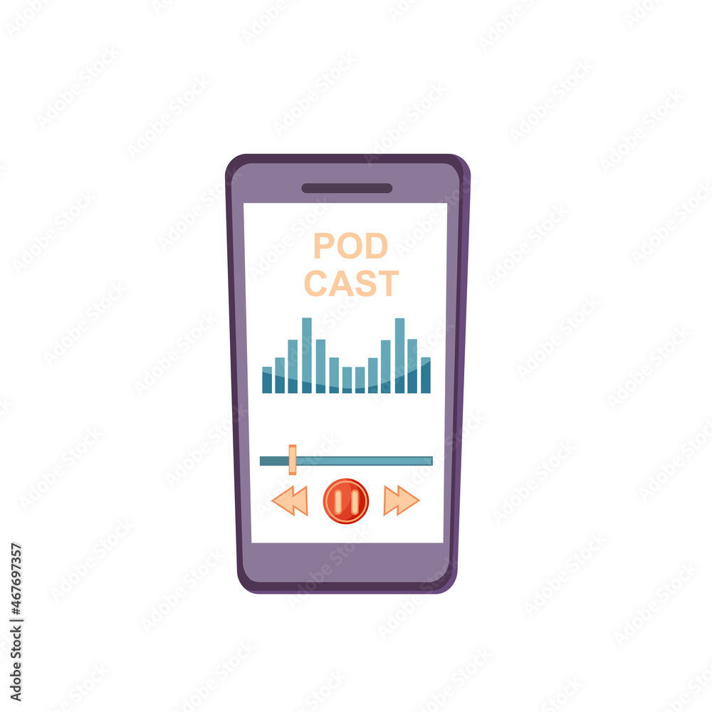 Podcast from your smartphone. Design of a mobile application for streaming information. Vector cartoon illustration. Podcast from your smartphone. Design of a mobile application for streaming information. Vector cartoon illustration.