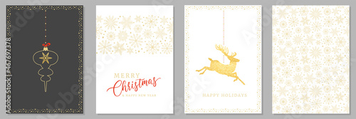 Holidays cards with Christmas motif, snowflakes, gold ornament snow frames and  green background. Winter vector set templates