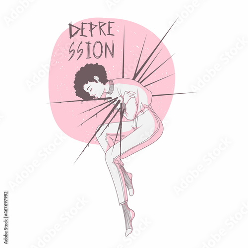 Young girl with depression. Mental Health concept. Exhausted hand drawn cartoon character isolated on white background. Depression and apathy vector illustration.