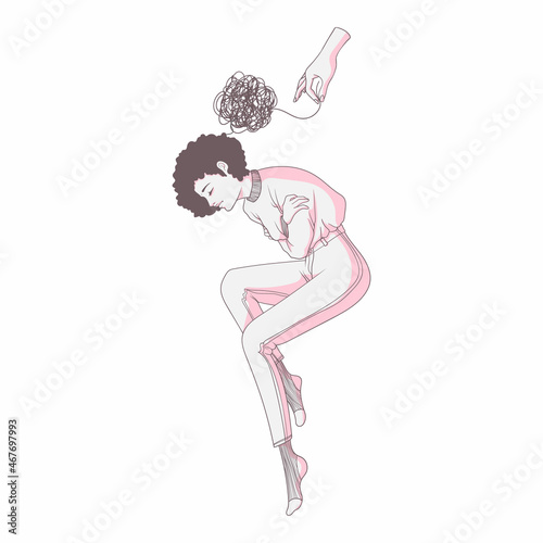 Human hand helps woman with mental problems. Psychological help for mental disorders concept. Vector hand drawn illustration of emotional and psychological support. Mental health care.