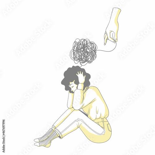 Human hand helps woman with mental problems. Psychological help for mental disorders concept. Vector hand drawn illustration of emotional and psychological support. Mental health care.