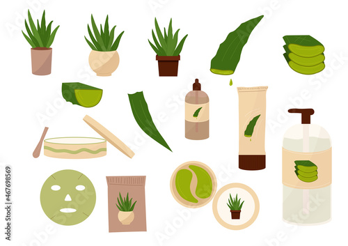 Vector aloe vera plant flat style isolated set, cosmetics  natural ingredients, aloe leaves, organic eye patches, soap, shampoo, face mask, skin  serum, natural moisturizer  herbs. body care, beauty 