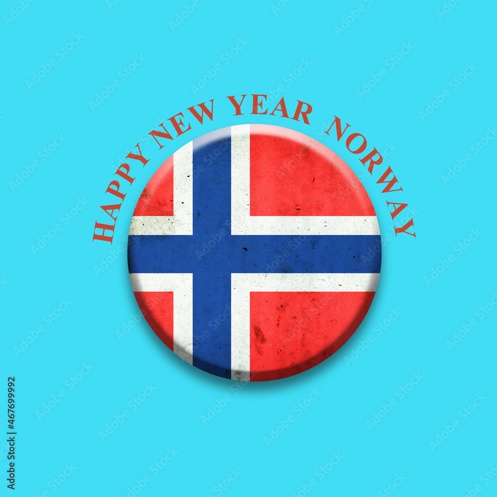 Obraz premium Happy New Year Norway. Norway flag, round badge on a light blue background. Isolated.3D illustration.