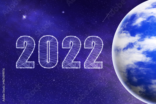 2022, numbers on the planet in space. New Year concept. Abstract background with stars and planet. Christmas background. Festive background.3D illustration.