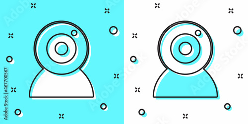 Black line Web camera icon isolated on green and white background. Chat camera. Webcam icon. Random dynamic shapes. Vector