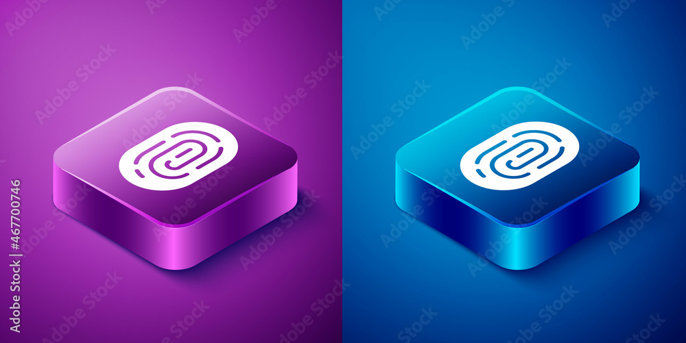 Isometric Fingerprint icon isolated on blue and purple background. ID app icon. Identification sign. Touch id. Square button. Vector Isometric Fingerprint icon isolated on blue and purple background. ID app icon. Identification sign. Touch id. Square button. Vector