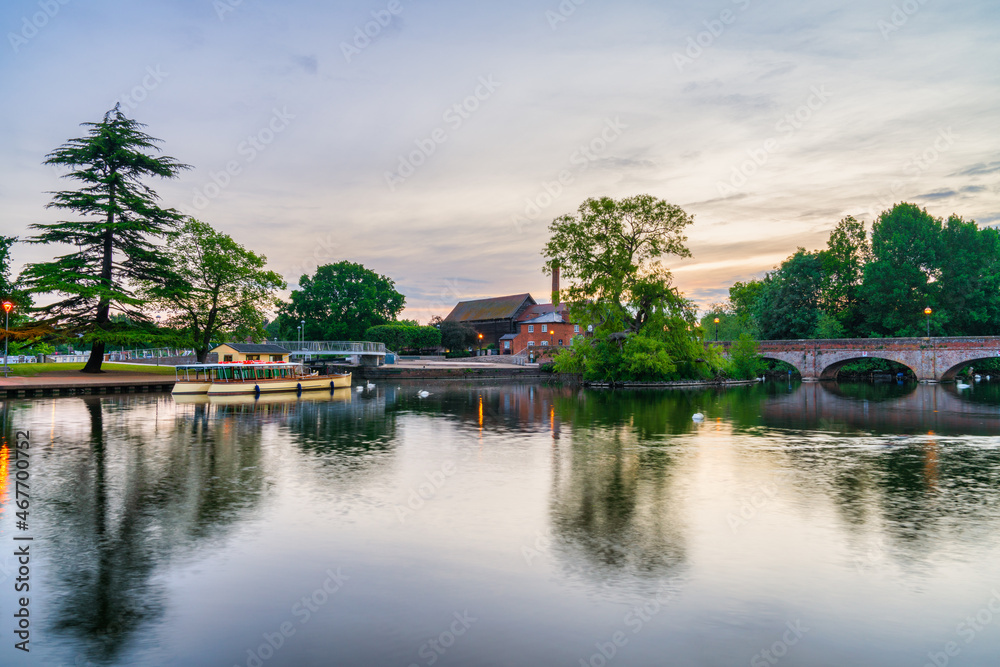 Stratford upon Avon at sunrise seen from the riverside, England