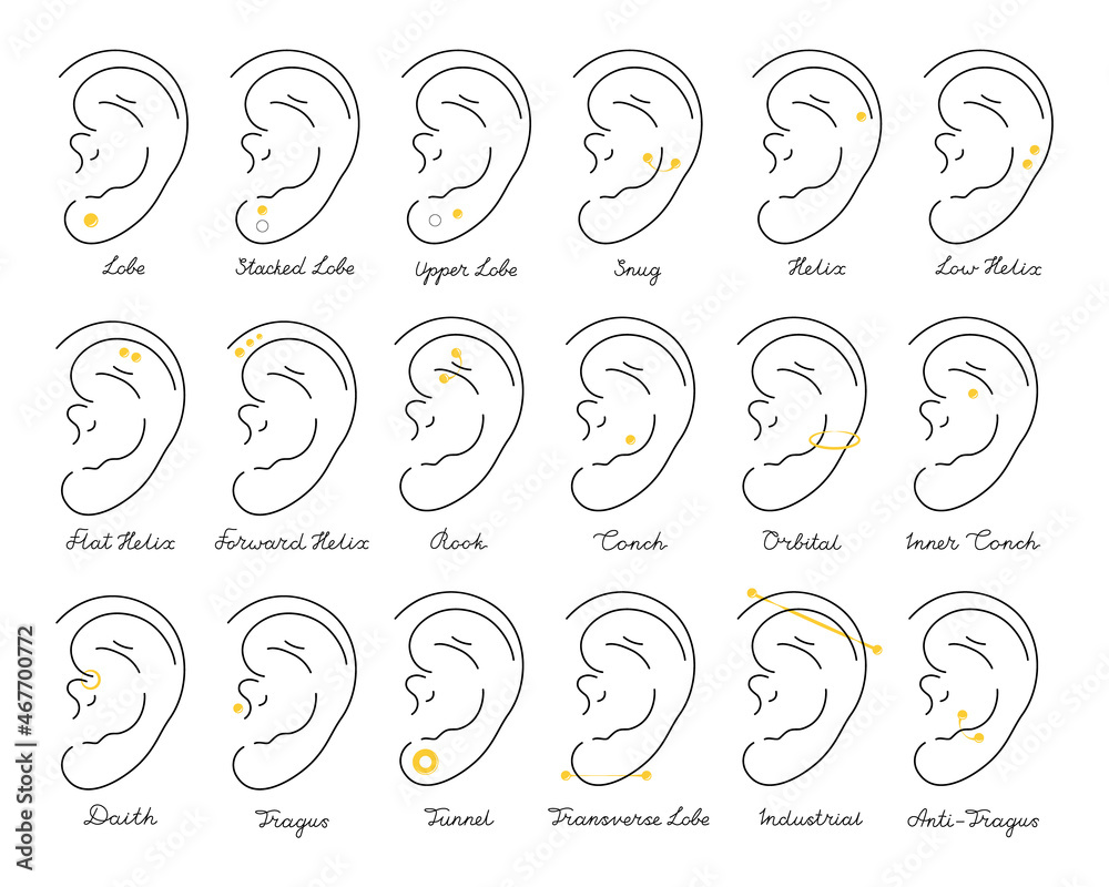 Set icons different types of ear pierced. Vector infographic elements illustration. International body piercing day. Icon Body jewelry - obrazy, fototapety, plakaty 