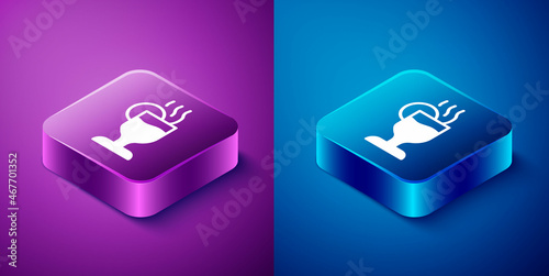 Isometric Mulled wine with glass of drink and ingredients icon isolated on blue and purple background. Cinnamon stick, clove, lemon slice. Square button. Vector