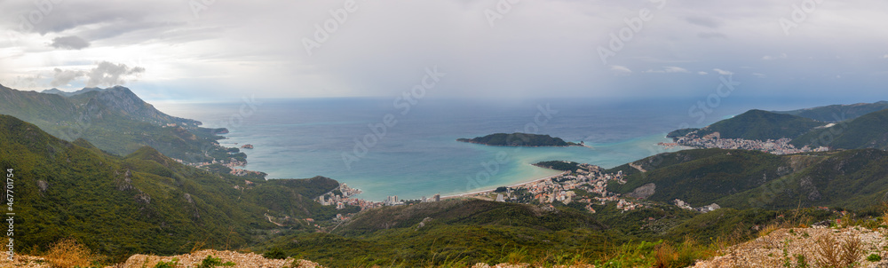 Summer Budva riviera coastline panorama landscape in Montenegro. View from the top of the mountain road. Summer Budva riviera coastline panorama landscape in Montenegro. View from the top of the mountain road.