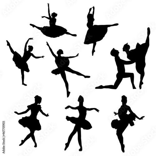 Ballerina poses dancing silhouettes shadows couple motion woman man ballet figure shape multiple set 