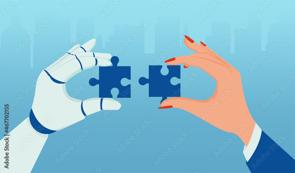Vector of a robot and a businesswoman matching puzzle pieces Vector of a robot and a businesswoman matching puzzle pieces