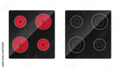 Black induction cooktop electric stove panel realistic set vector glass ceramic cooking hob photo