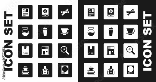 Set Sugar stick packets, Milkshake, Pour over coffee maker, Newspaper and, V60, Electronic scales, Selection beans and Bag icon. Vector