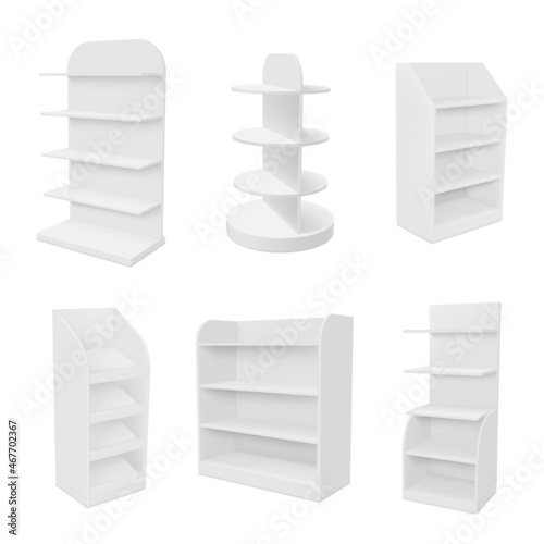 Empty store shelves realistic set vector illustration retail shelf promotion merchandising marketing