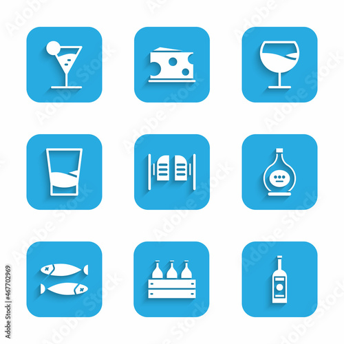 Set Saloon door, Bottles of wine in wooden box, Glass bottle vodka, cognac brandy, Dried fish, Wine glass and Martini icon. Vector