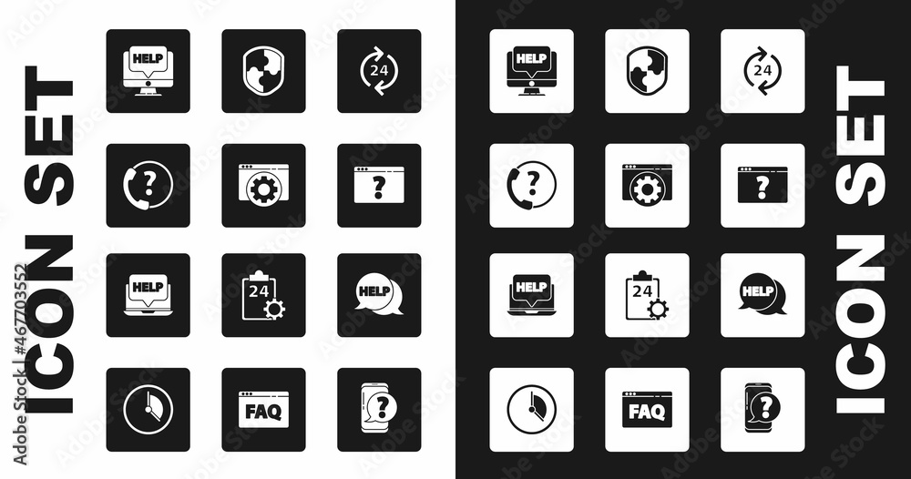Set Telephone 24 hours support, Browser setting, Computer monitor and help, with question mark, Shield, Speech bubble text Help and Laptop icon. Vector Set Telephone 24 hours support, Browser setting, Computer monitor and help, with question mark, Shield, Speech bubble text Help and Laptop icon. Vector