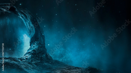 Underwater fantasy world. Futuristic fantasy night landscape with abstract landscape and island, moonlight, neon. Dark natural scene with light reflection in water. Neon space galaxy portal. 3D 