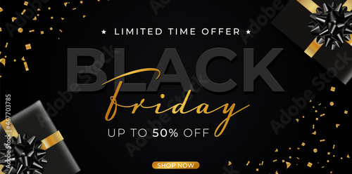 Black Friday Sale. Realistic black gifts boxes. Dark background golden text lettering. Horizontal banner, poster, header website. vector illustration