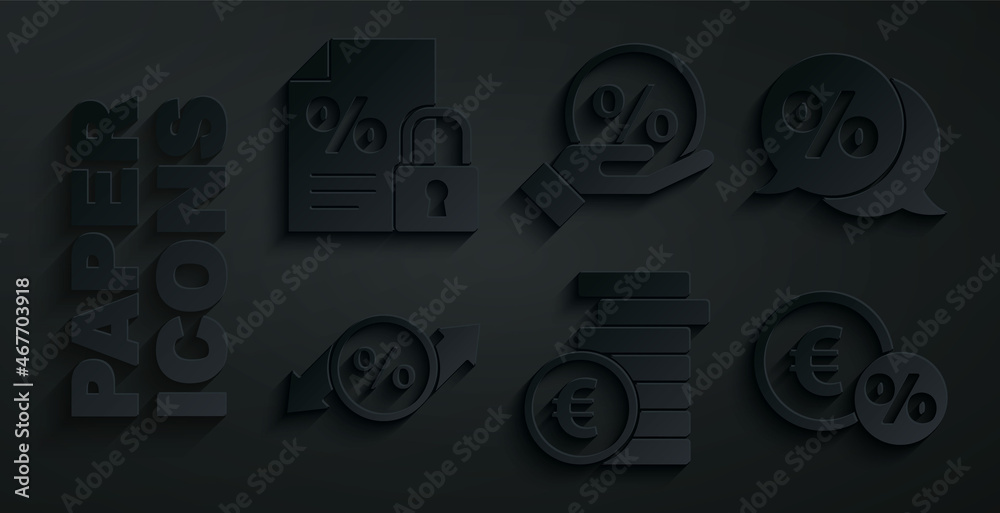 Obraz premium Set Coin money with euro symbol, Discount percent tag, Money coin, and Finance document and lock icon. Vector