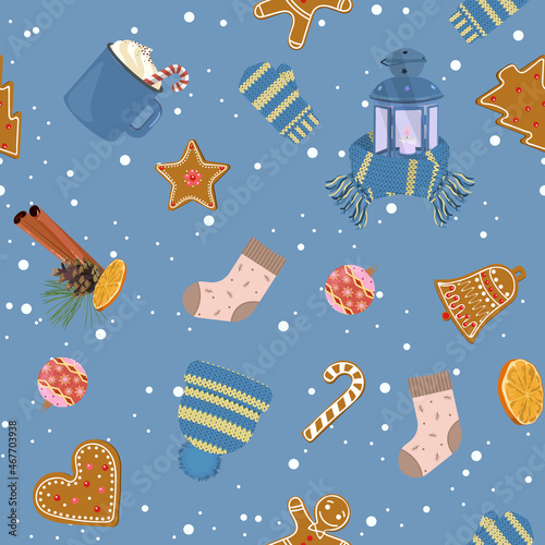 Christmas, seamless illustration with Christmas flashlight, branch spruce, sock, cap, mittens and Christmas gingerbread on a blue background.