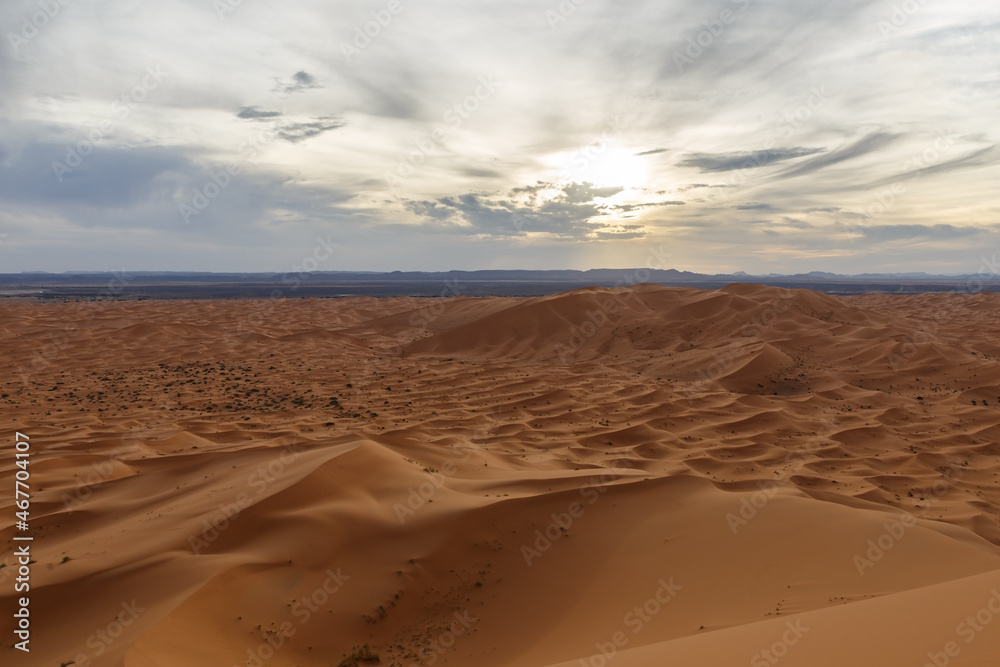 Erg Chebbi. Sand dunes at sunset, beautiful landscape. Sahara Desert. Morocco