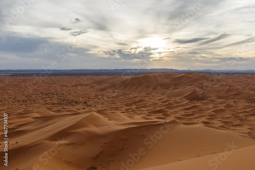 Erg Chebbi. Sand dunes at sunset  beautiful landscape. Sahara Desert. Morocco