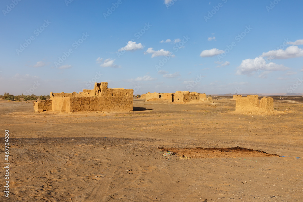 Ruined Berber huts in the Sahara Desert. Morocco