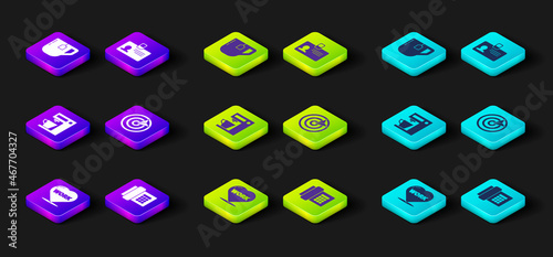 Set Heart with text work, Telephone, Coffee machine, Target sport, Identification badge and Cup tea tea bag icon. Vector