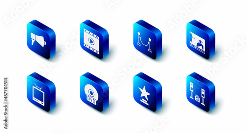 Set Play Video, Rope barrier, Online play video, Home stereo with two speakers, Movie trophy, CD or DVD disk, Retro tv and Megaphone icon. Vector