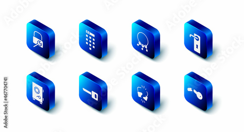 Set Password protection, Bunch of keys, Door handle, Broken, cracked lock, Key, Safe and Lock repair icon. Vector