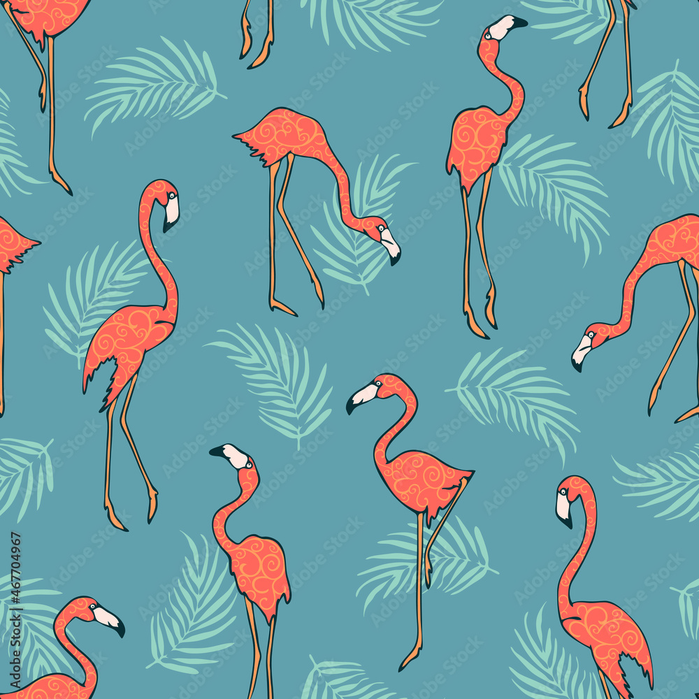 Obraz premium Seamless vector pattern with flamingos on blue background. Simple tropical bird wallpaper design. Decorative summer beach fashion textile.