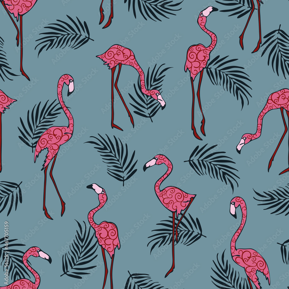 Obraz premium Seamless vector pattern with tropical bird on grey background. Simple flamingo wallpaper design. Decorative summer fashion textile.