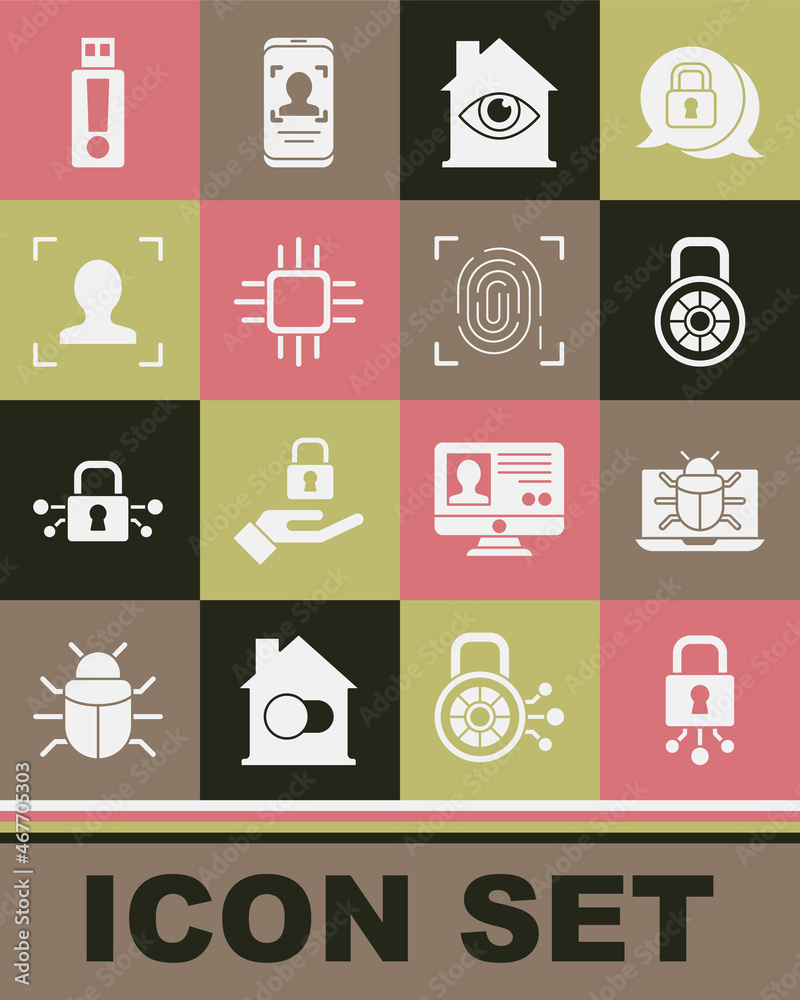 Set Cyber security, System bug on monitor, Safe combination lock, House with eye scan, Processor microcircuits CPU, Face recognition, USB flash drive and Fingerprint icon. Vector