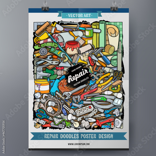 Cartoon vector doodle Repair poster template.